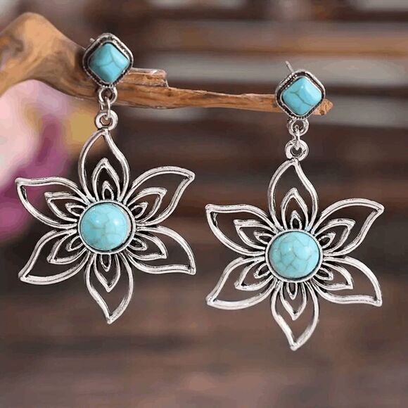 Western Lotus Silver Plated Turquoise Dangle Earrings - Picture 2 of 7